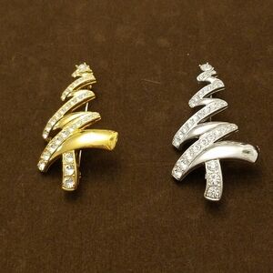 Set of 2 Vintage Signed Monet  Christmas Tree SilverGold Tone Rhinestones Brooch